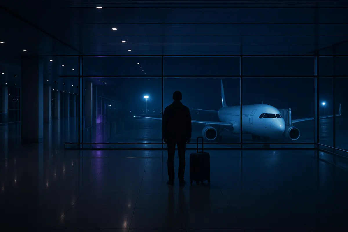 Passageiro de costas em terminal de aeroporto à noite, observando um avião estacionado através da vidraça panorâmica.