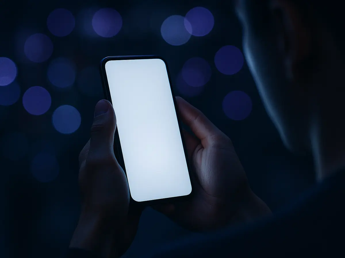 Mãos segurando um celular à noite, com a tela apagada e luzes de cidade desfocadas ao fundo.