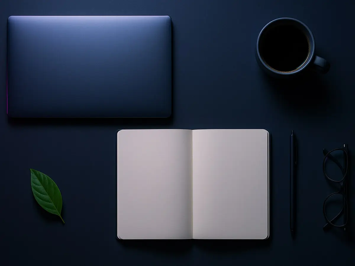 Mesa de trabalho escura vista de cima, com notebook fechado, caderno em branco, caneta e xícara de café.