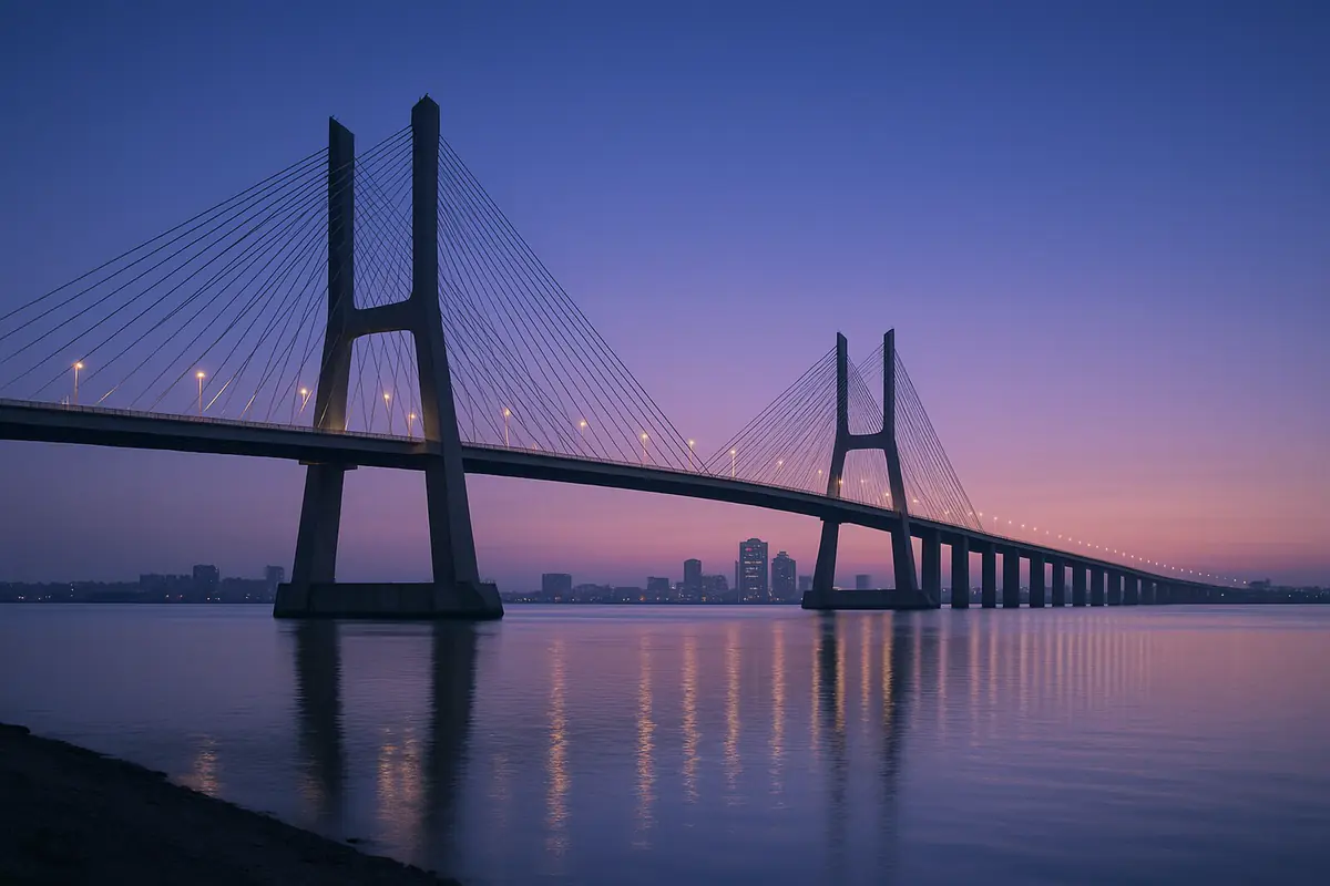 Ponte estaiada iluminada atravessando um rio ao amanhecer, ligando duas margens de uma grande cidade.