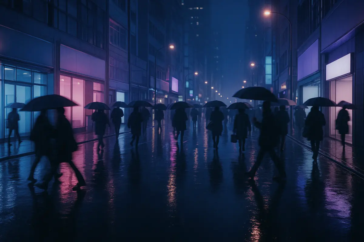 Avenida movimentada de uma cidade estrangeira em noite chuvosa, com pedestres de guarda-chuva e reflexos das luzes no asfalto molhado.