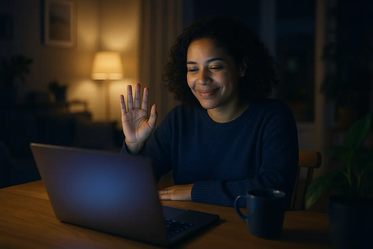 Mulher sentada à mesa de casa, à noite, acenando durante uma videochamada em um notebook.